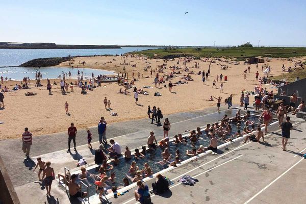 a large group of people are swimming in a pool on a beach .