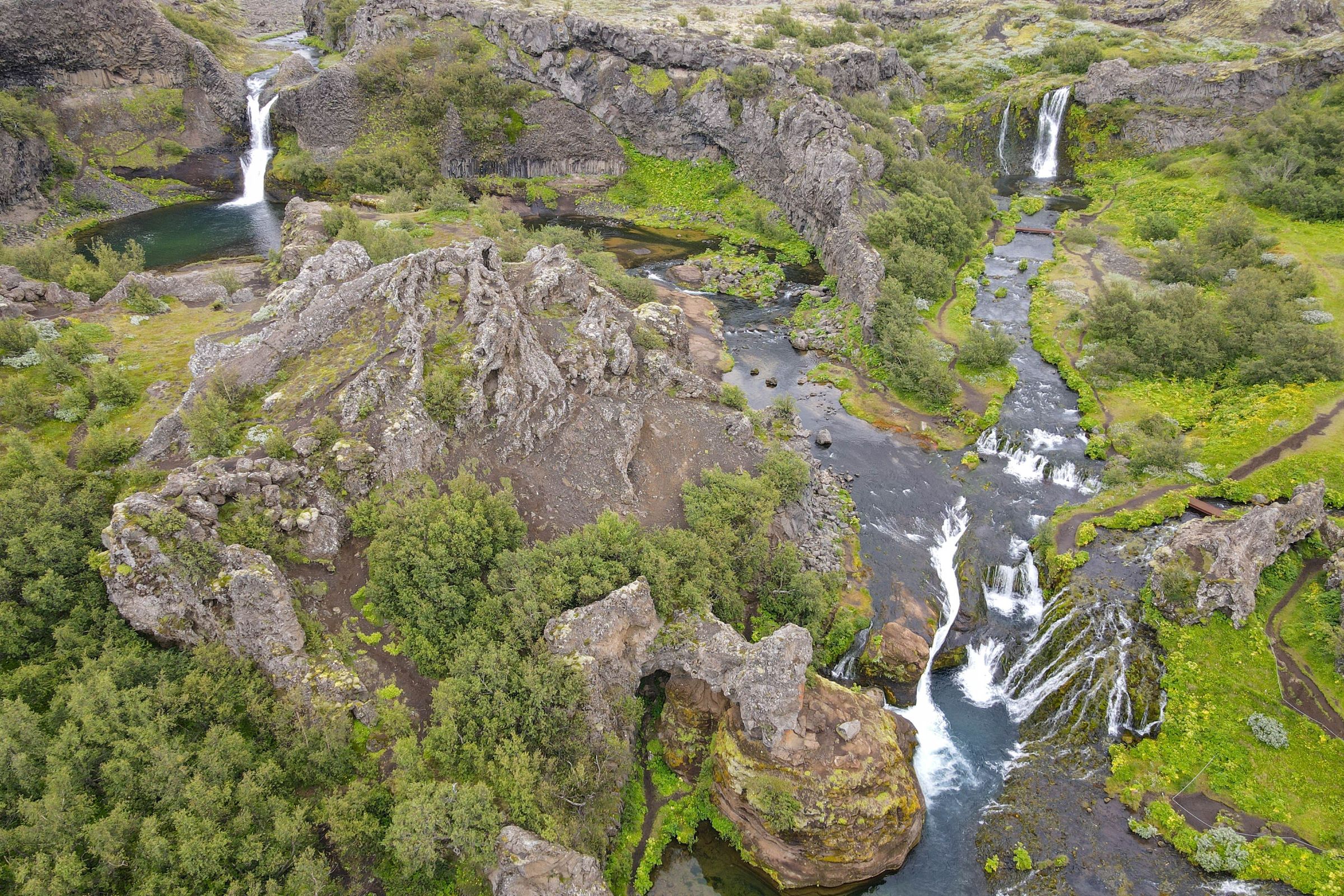 Drone view at the waterfalls of Gjain in Iceland
