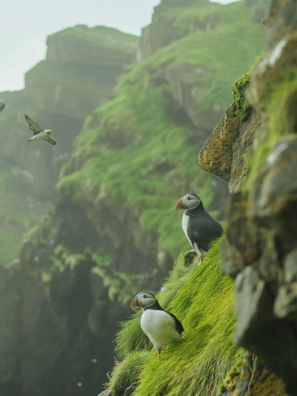 Puffins en un acantilado cubierto de verde con más puffins volando por detrás