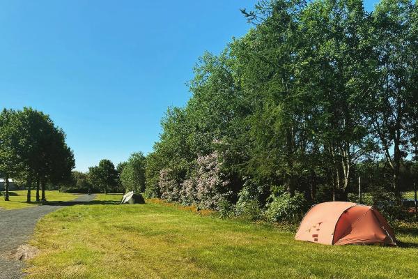 Tiendas de campaña en un campo verde rodedado de árboles