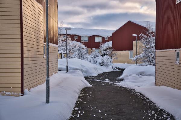 a snowy path between two buildings in a residential area .