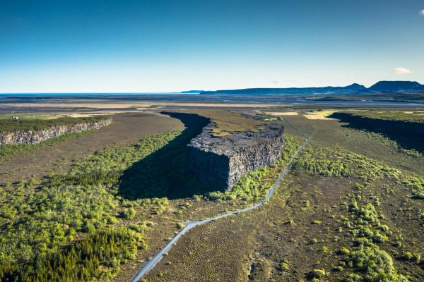an aerial view of a Ásbyrgi Canyon