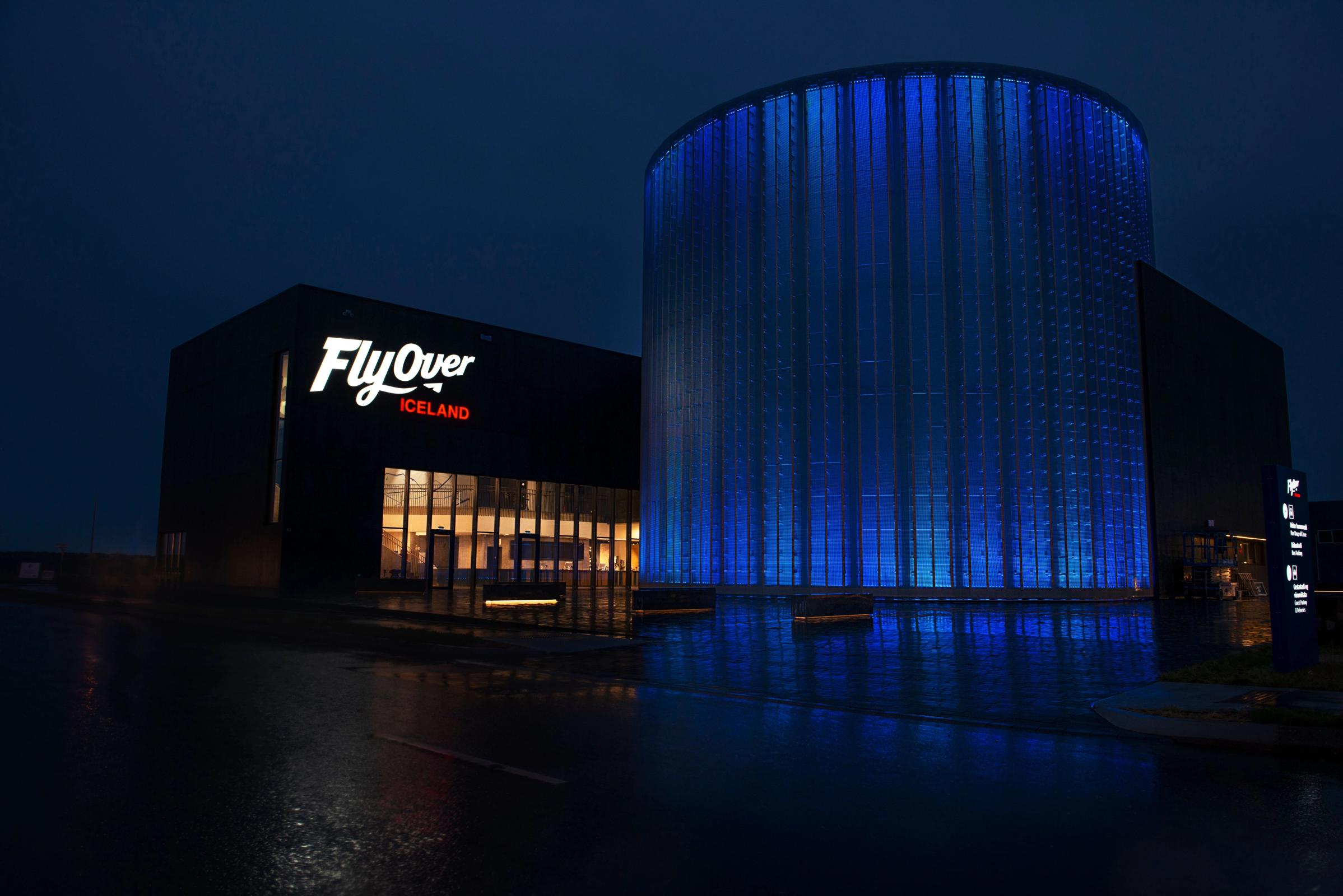 Night time view of the FlyOver Iceland building