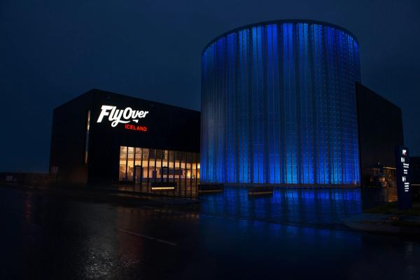 FlyOver Iceland building Night time view of the FlyOver Iceland building