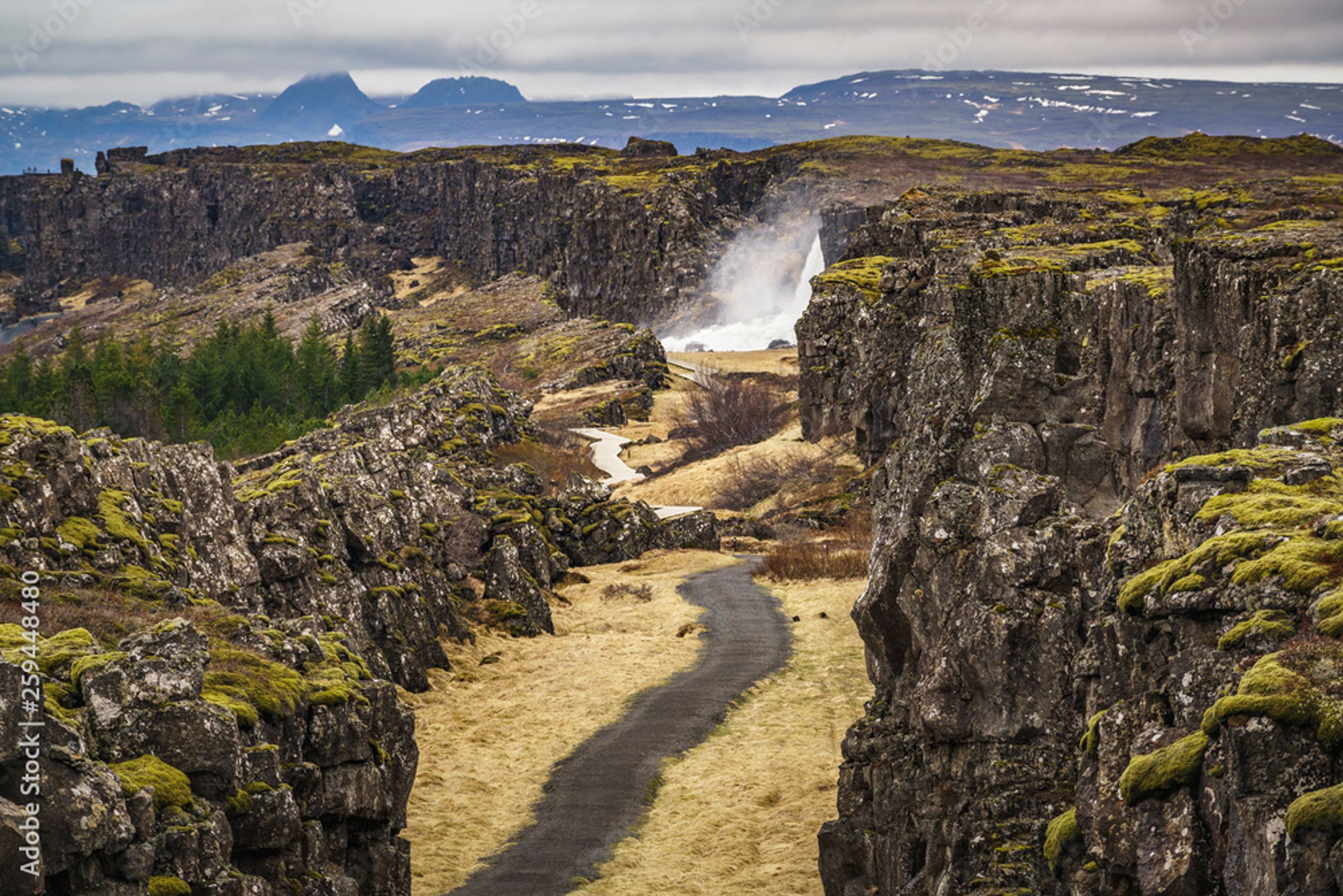 A winding path snakes through a moss-covered rift valley and leads to a distant waterfall.