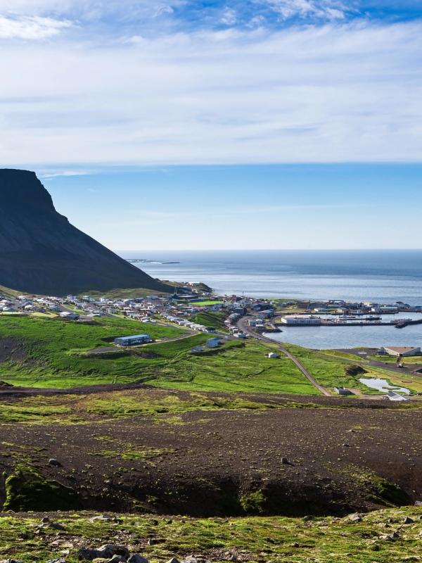 A coastal town with a harbor, backed by a mountain and green hills, under a blue sky.