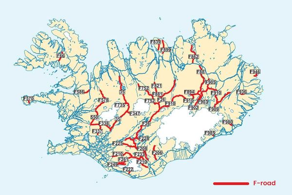 a map of iceland with a red line that says f-road
