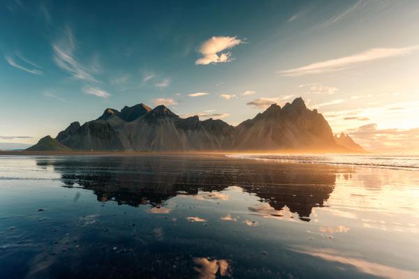 Sunrise over Vestrahorn mountain at Stokksnes Black Sand Beach in Iceland