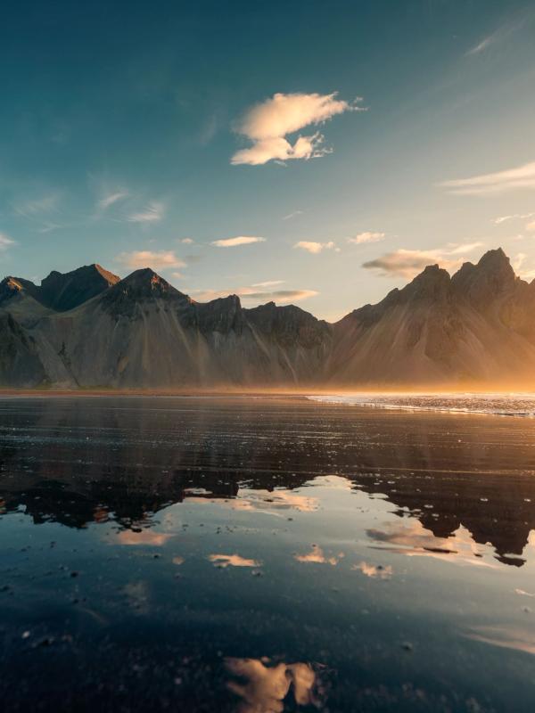 Black Sand Beach in Iceland Sunrise over Vestrahorn mountain at Stokksnes Black Sand Beach in Iceland