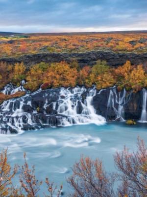 a waterfall is surrounded by trees and a lake in the middle of a field .