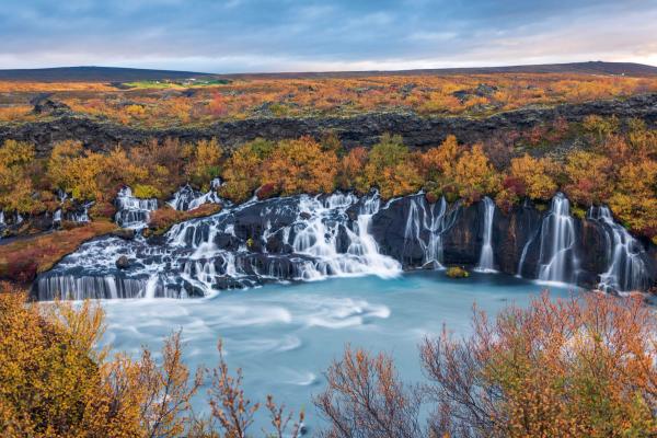 una cascada está rodeada de árboles y un lago en medio de un campo.