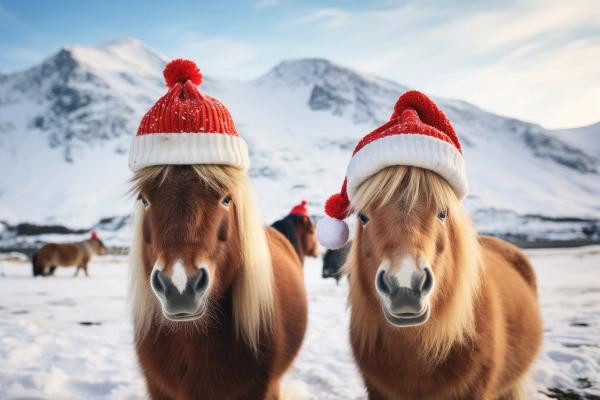 two horses wearing santa hats in the snow in Iceland during December.  