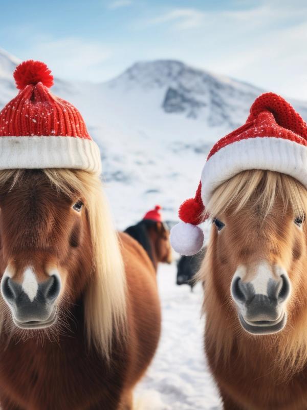 two horses wearing santa hats in the snow in Iceland during December.
