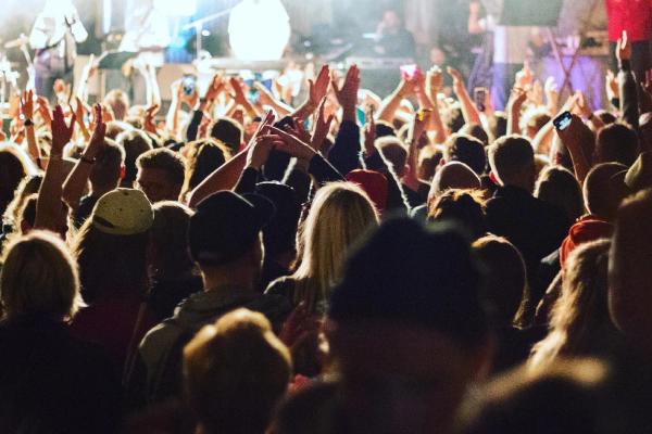 a crowd of people at a concert with their hands in the air
