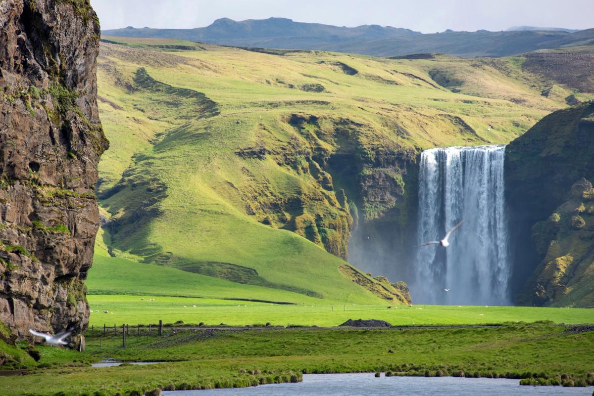 A tall waterfall descends into a lush green valley, with a steep rocky cliff on the left and a bird soaring.