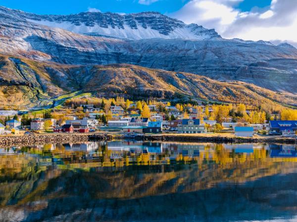 a small town on the shore of a lake with mountains in the background .