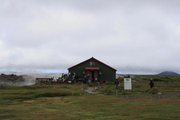 a green house with a red roof is sitting on top of a grassy hill .