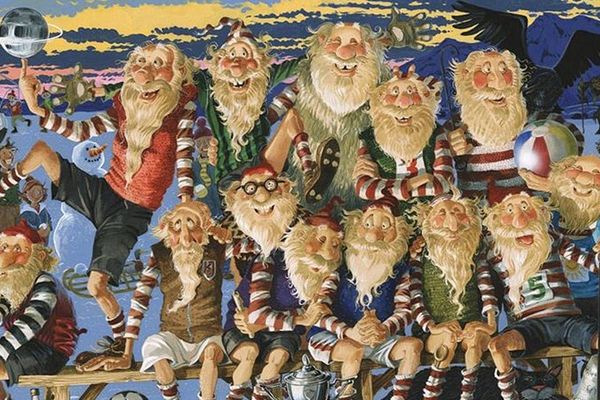 a group of gnomes are posing for a picture while playing soccer .