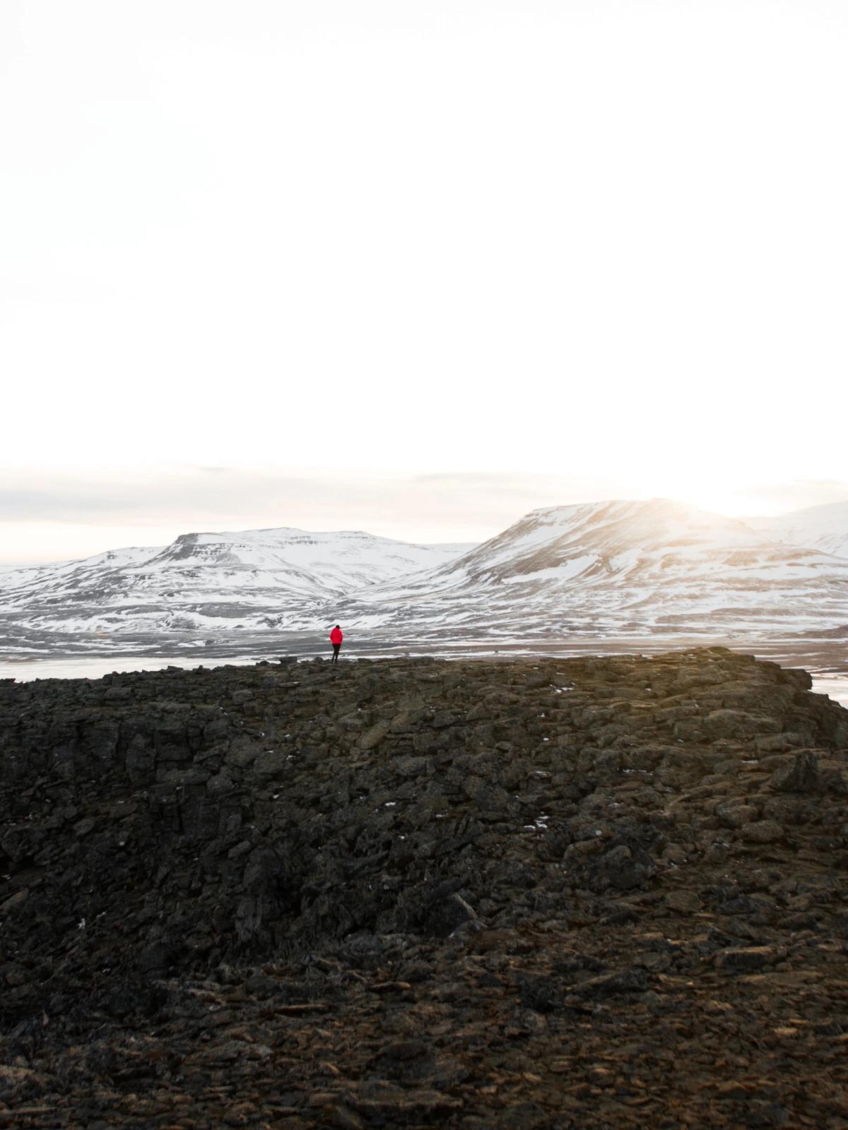 A person in a red jacket stands on a dark, rocky ridge overlooking a snow-covered valley with mountains and a frozen lake under a bright sky.