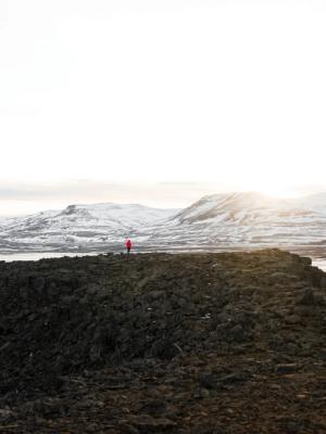 A person in a red jacket stands on a dark, rocky ridge overlooking a snow-covered valley with mountains and a frozen lake under a bright sky.