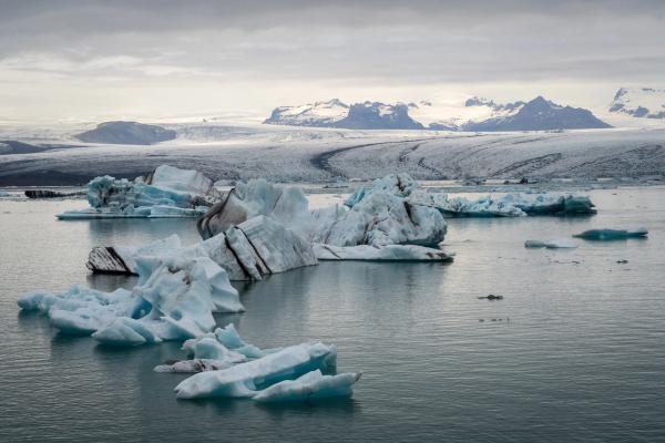 a glaciar lagoon with a vast glacier tongue on the background
