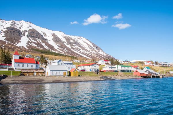 a small town on the shore of a lake with mountains in the background at Neskaupsstaður in iceland.