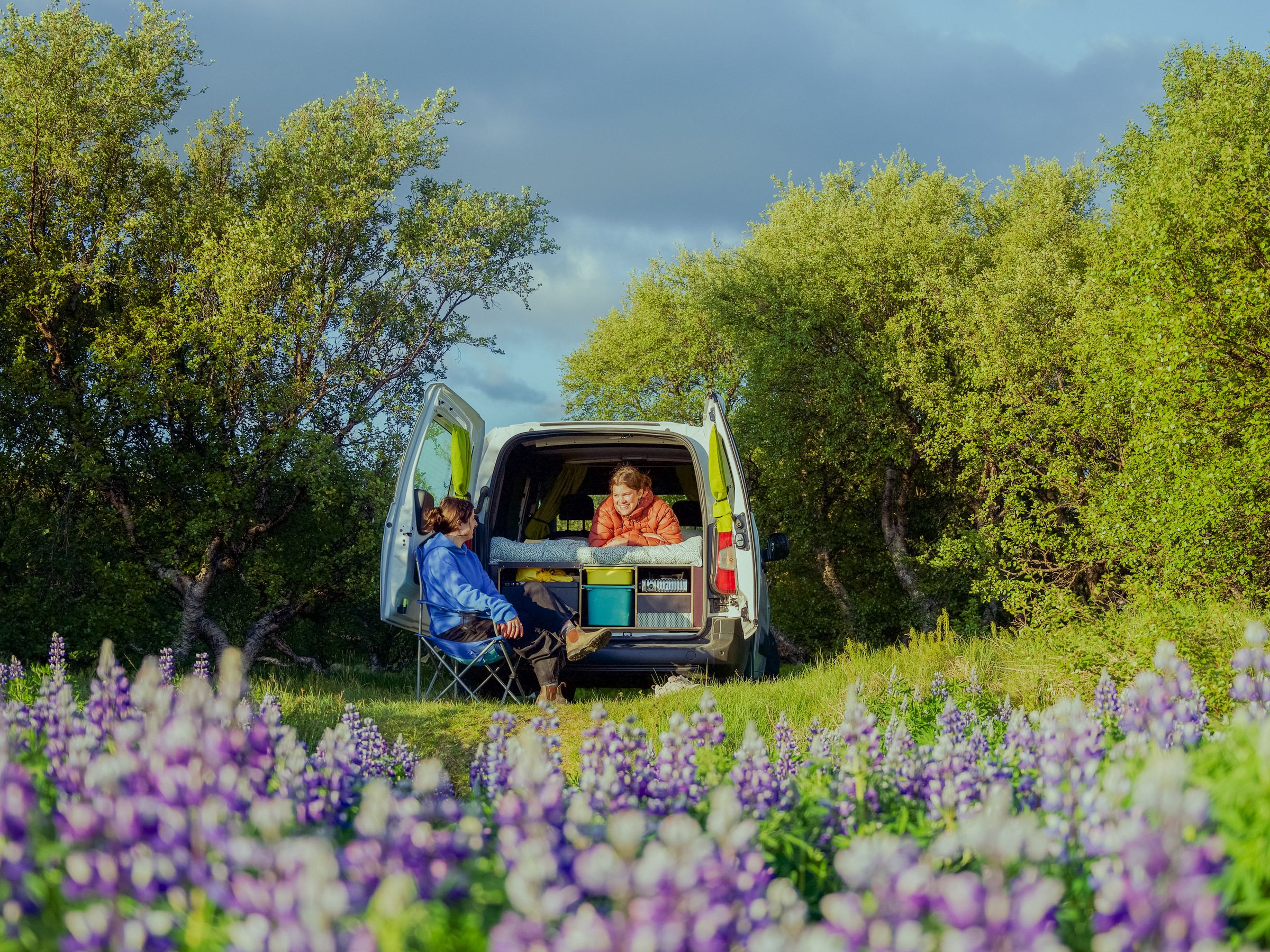 Two people relaxing at a camper van in a field of purple flowers.