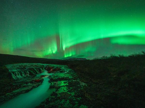 Northern Lights at Bruarfoss Waterfall
