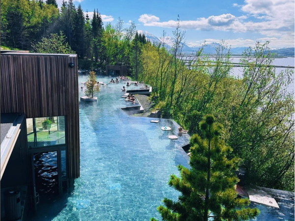 la gente está nadando en una piscina grande rodeada de árboles
