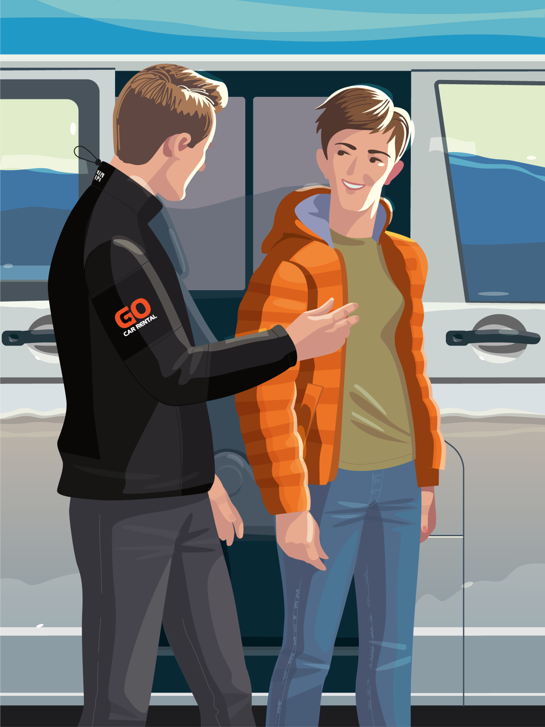 A car rental employee in a GO Car Rental jacket speaks with a smiling customer next to a car.