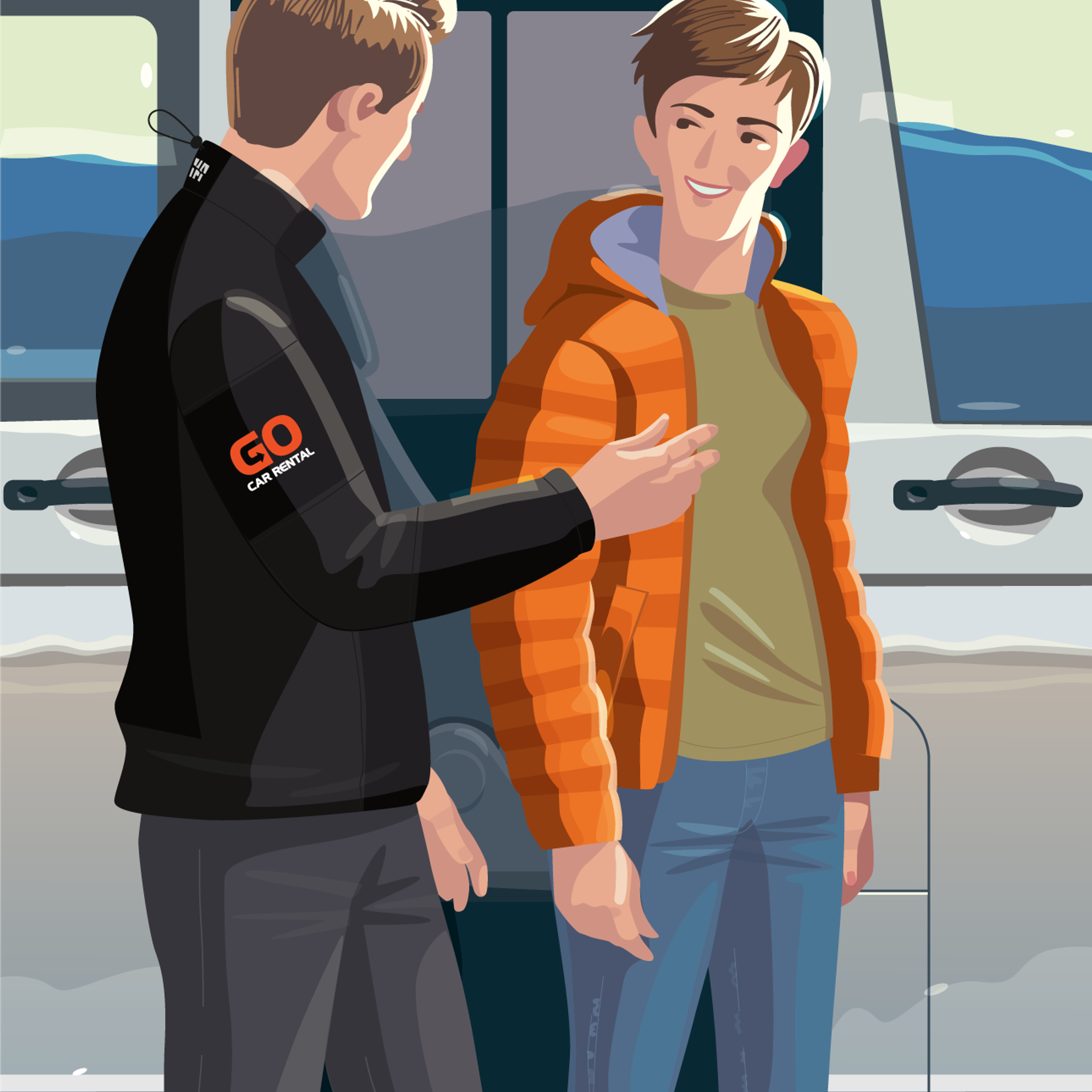 A car rental employee in a GO Car Rental jacket speaks with a smiling customer next to a car.