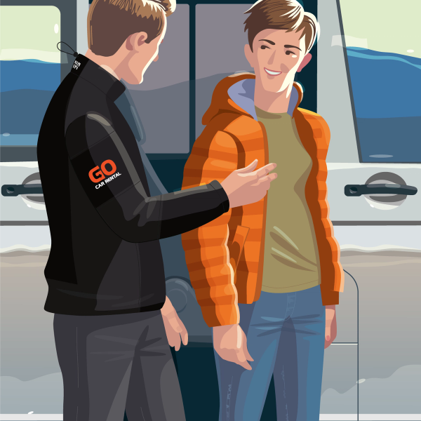 Illustration of a GO Car Rental employee talking to a smiling customer beside a white van.
