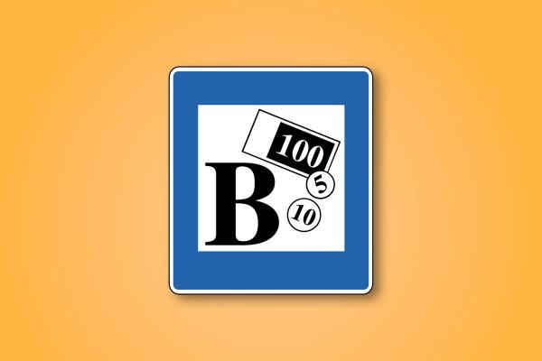 a blue sign with a dollar bill and coins on it .