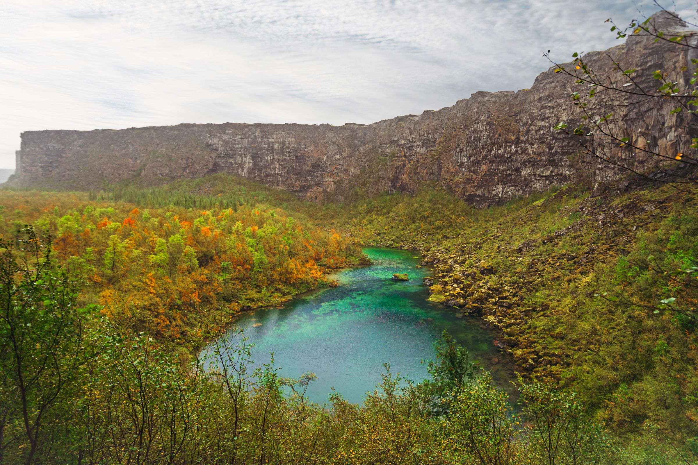 hay un lago en medio de un cañón rodeado de árboles.