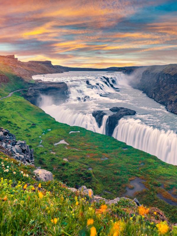 Cascade de Gullfoss au milieu d'une vallée avec des fleurs au premier plan et le soleil perçant à travers les nuages.