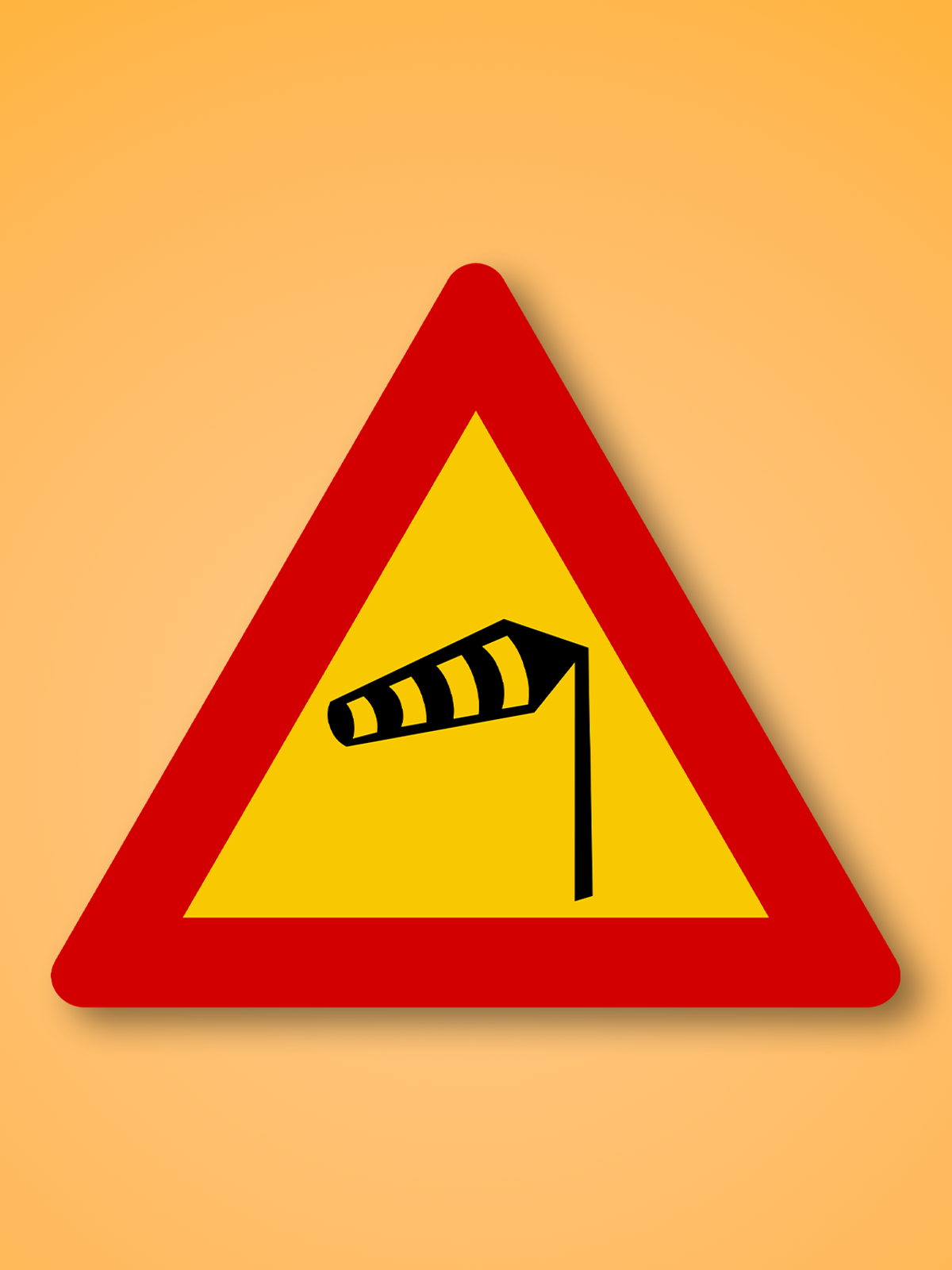 Red and yellow triangle road sign with a wind in the middle. This road sign means Crosswinds