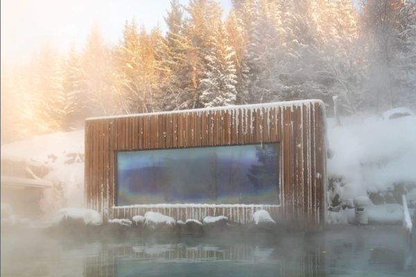 un edificio de madera en medio de un bosque nevado