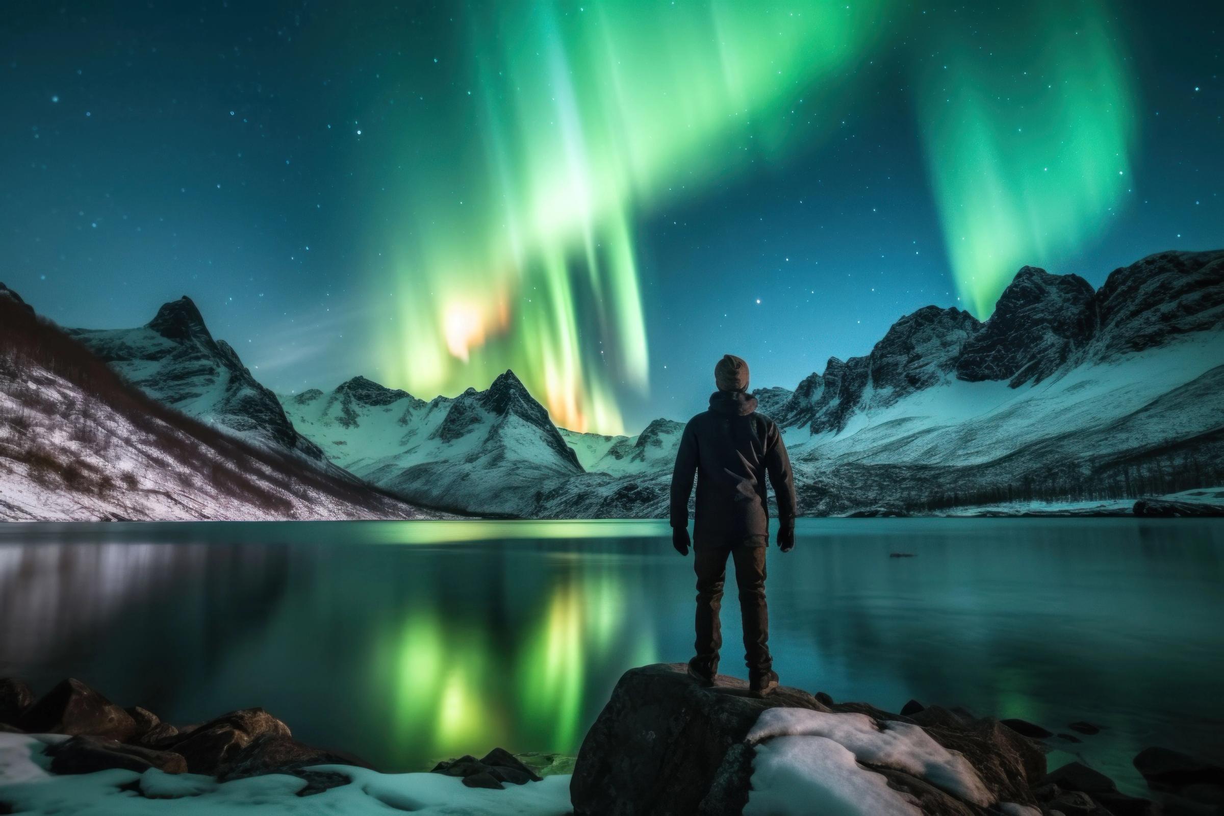 Hombre subido en una roca delante de un lago con la Aurora Boreal en el cielo