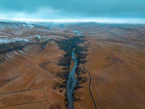 Aerial of Fjaðrárgljúfur Canyon