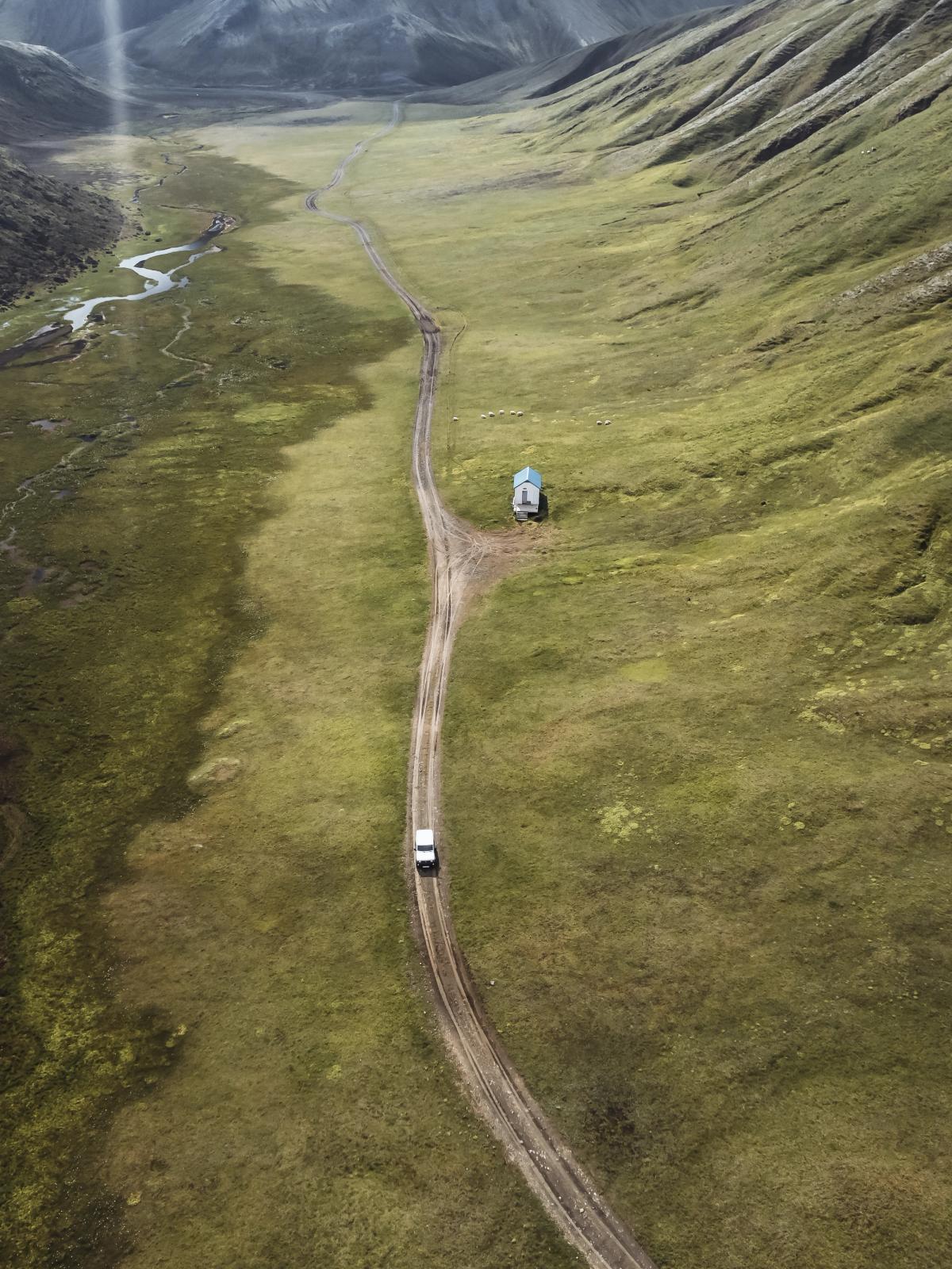Rental Car Rental Car from Go Car Rental driving on a gravel road in Iceland