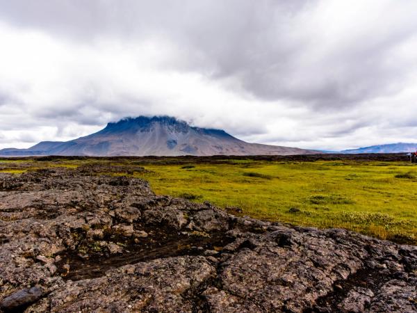 a red house is sitting in the middle of a grassy field with a mountain in the background .