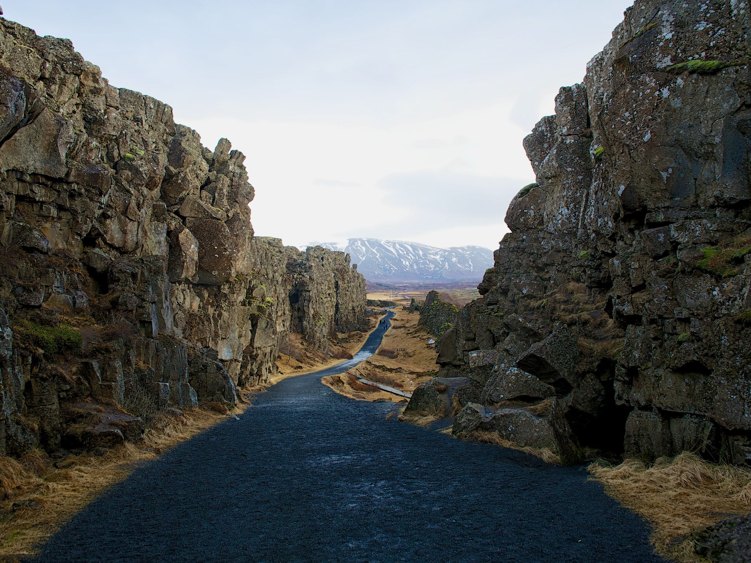 A dark path winds between two rugged rock walls toward distant snowy mountains under a cloudy sky.