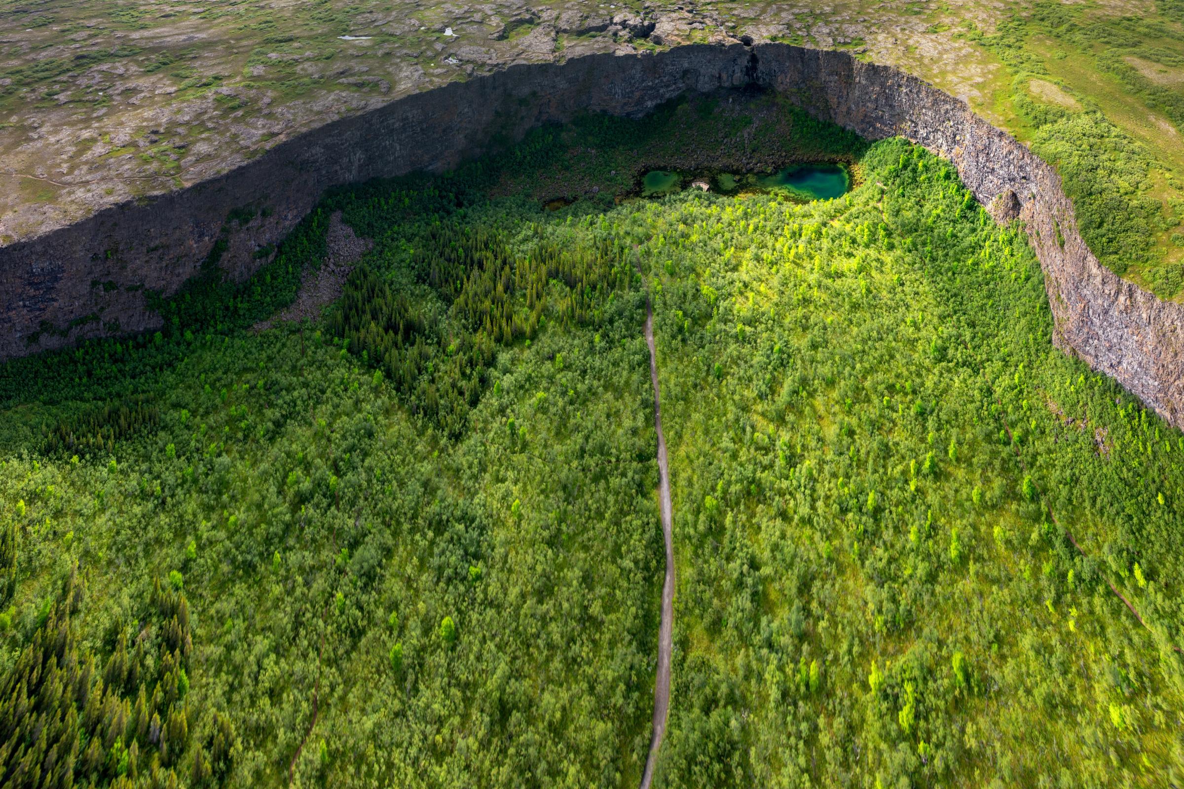 Vista aérea del fondo de un cañón verde y frondoso, con un sendero serpenteante entre los árboles y pequeñas lagunas de color turquesa.