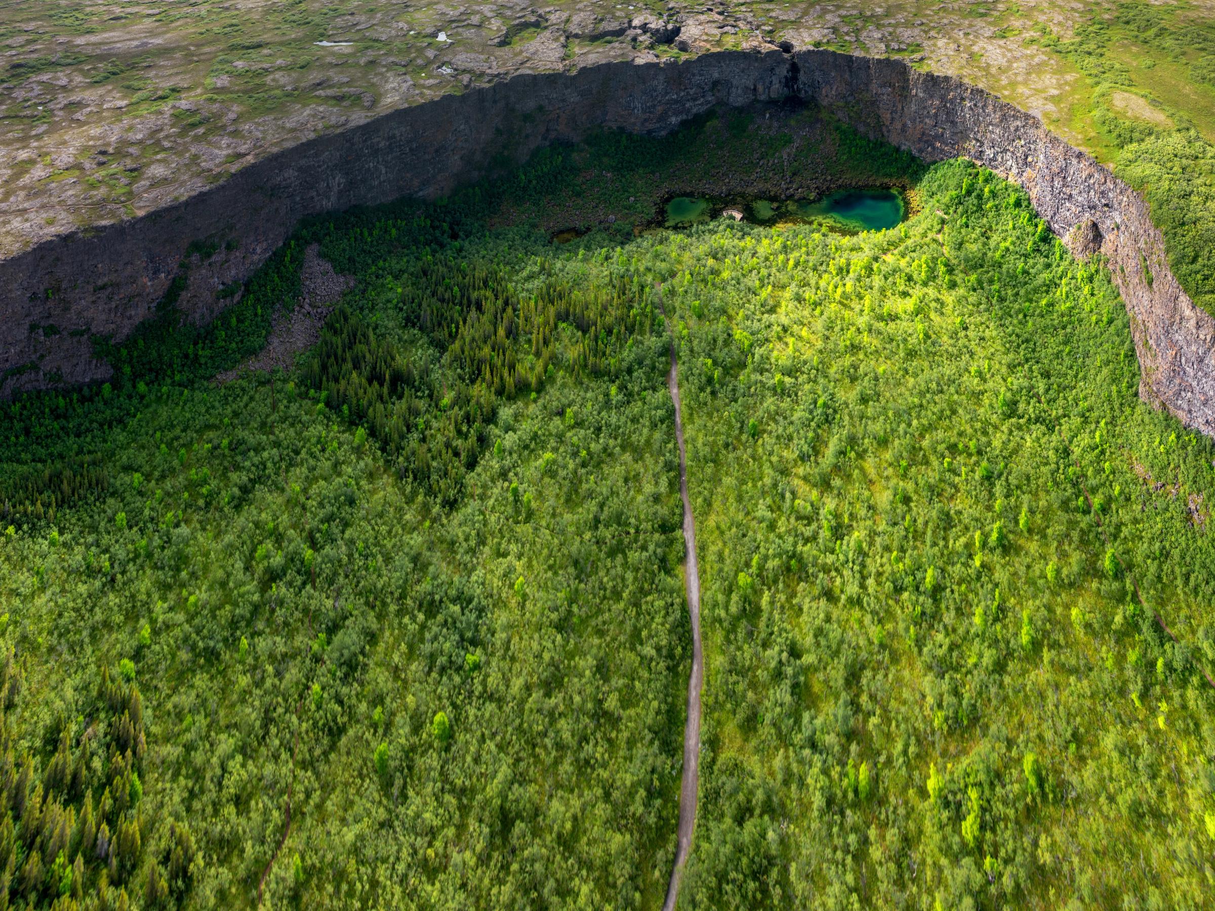 Vista aérea del fondo de un cañón verde y frondoso, con un sendero serpenteante entre los árboles y pequeñas lagunas de color turquesa.