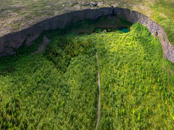 Aerial view of a verdant canyon floor with a winding path through trees and small turquoise lakes.