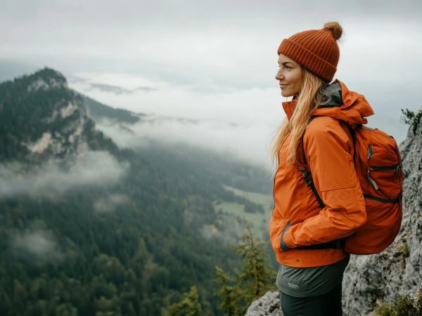 woman with orange backpack