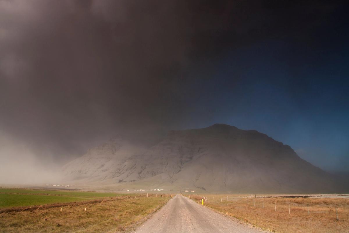 Sand and Ash storm in iceland near a gravel road in the F-roads