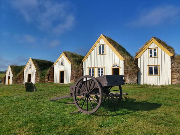 a horse drawn carriage is parked in front of a row of houses with grass on the roofs at Glaumbær in north iceland.