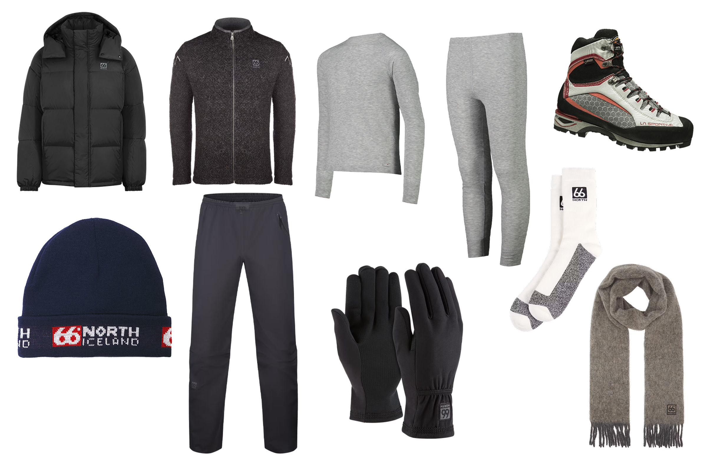 a collection of clothes including a hat that says 66 north iceland