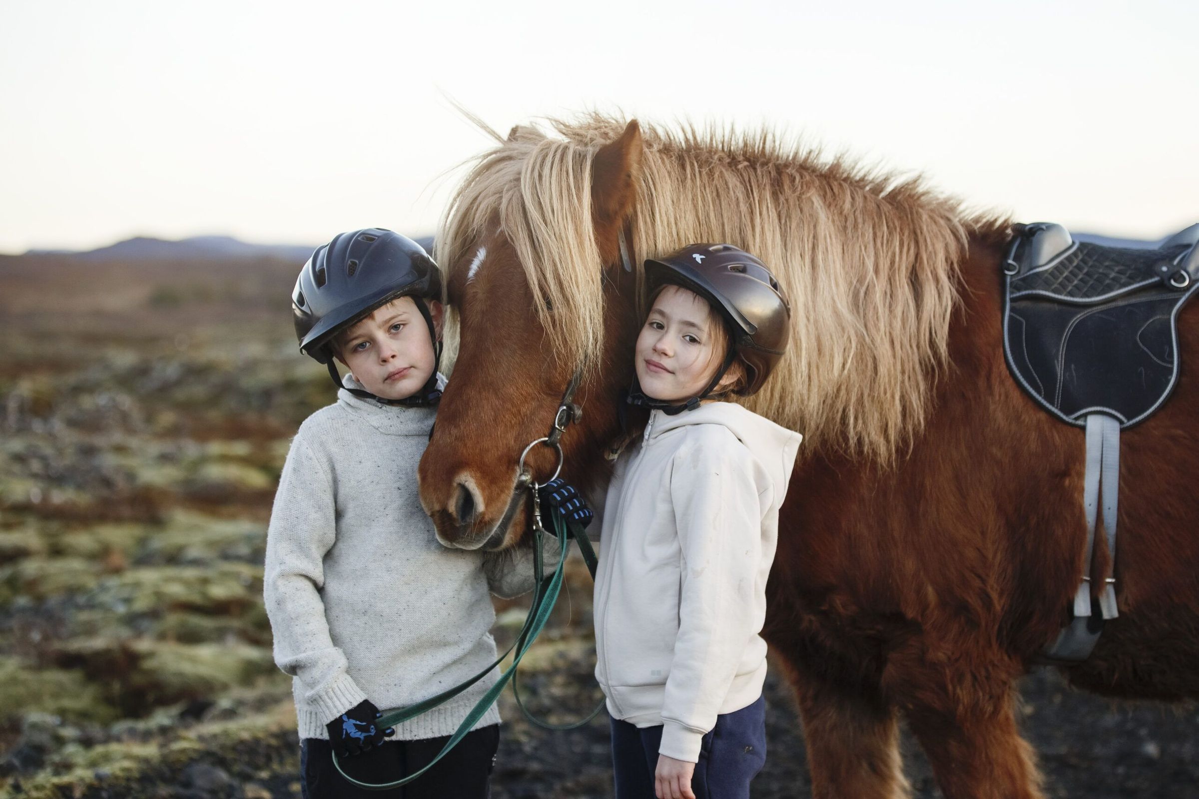 Horse riding tour in Iceland 2 kids petting a horse in Iceland